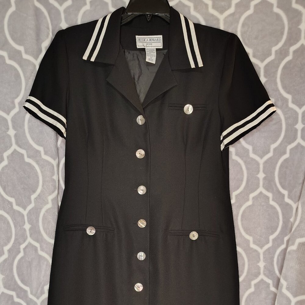 VTG JESSICA HOWARD 12 Petite Maxi Dress Button Down Shoulder Pads Black Goth